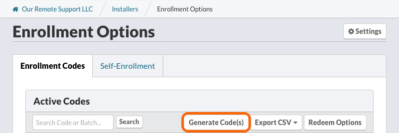 Enrollment Codes > Generate Enrollment Codes